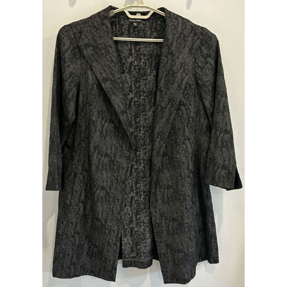Eileen Fisher Black Gray Textured Print Duster Jacket Long Open Front Size M